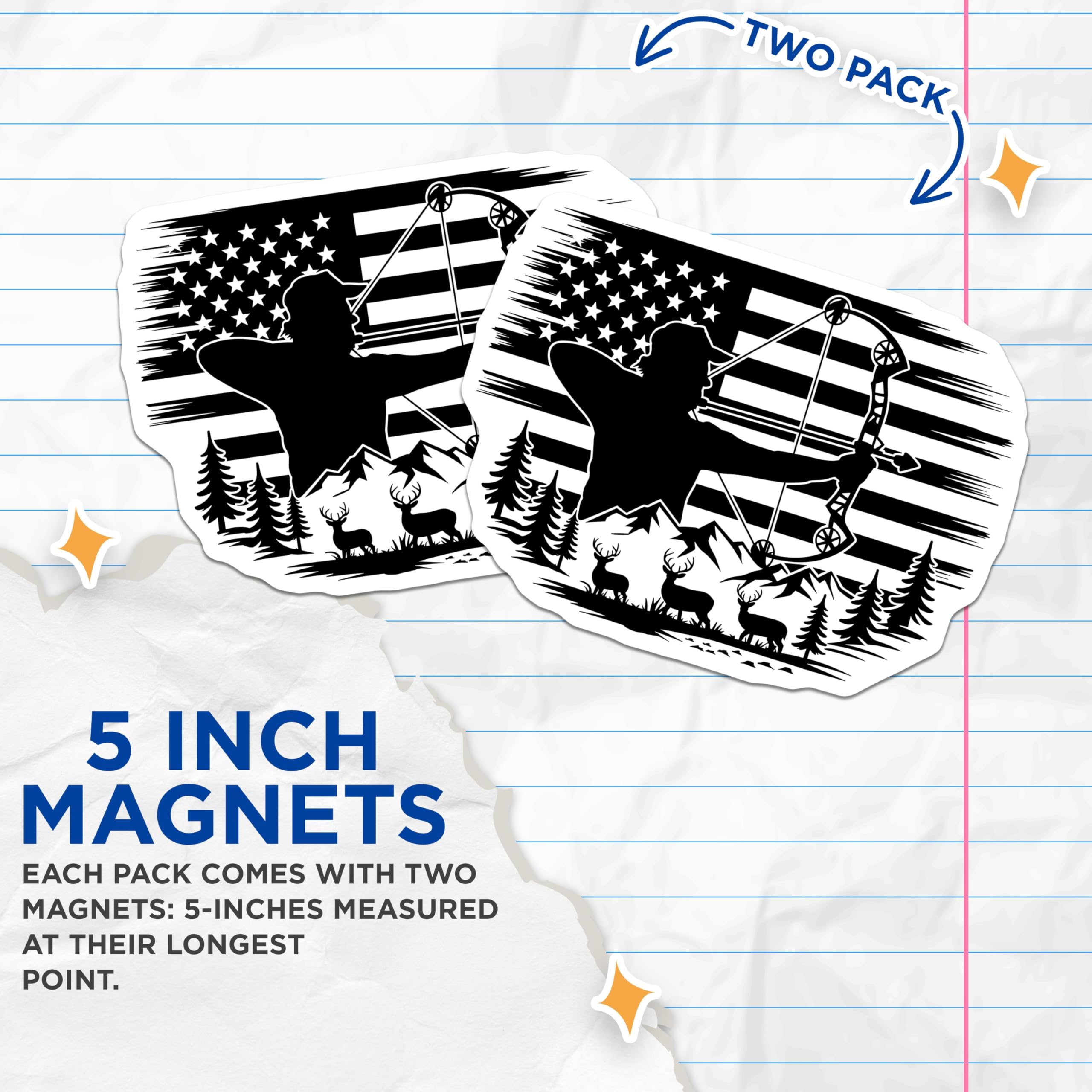 (2 Pack) Bow Hunter Magnets - Distressed American Flag Archery - Mountain Deer Wildlife Magnets - 5 Inches On Longest Side - Thick Durable Magnet - Made in USA - MAG19869