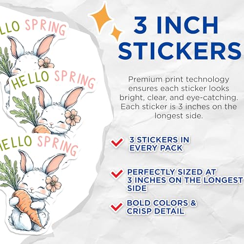 (3 Pack) Bunny Decals - Hello Spring Decals - Cute Rabbit Stickers - 3 Inches On Longest Side - Easy Peel & Apply - Made in USA - 3MCS6768