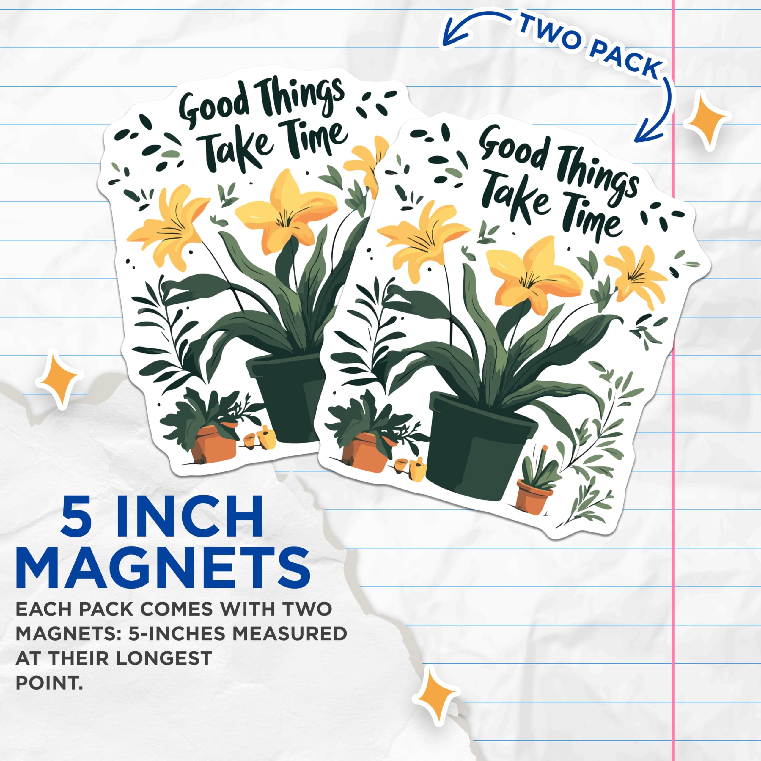 (2 Pack) Good Things Take Time Magnets - Inspirational Quote Botanical Plants Floral Decor - Refrigerator Locker Magnet Art - 5 Inches On Longest Side - Thick Durable Magnet - Made in USA - MAG19507