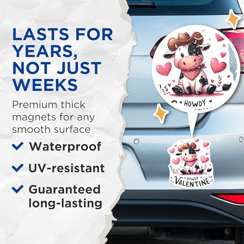 (2 Pack) Howdy Valentine Magnets - Cute Cow Magnets - Heart Cowboy Magnets - Valentine's Day Decor for Fridge - 5" On Longest Side - for Cars, Refrigerators, Toolboxes, Lockers - Made in USA BMCS3138