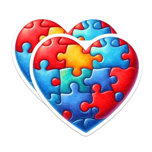 (2 Pack) Colorful Jigsaw Puzzle Heart Stickers - Unique Heart Shaped Puzzle - Vibrant Puzzle Piece Heart Stickers - 5" On Longest Side - Sticks to Smooth Flat Surfaces - Made in USA - BMCS6538