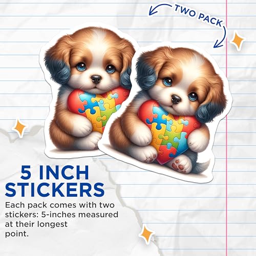(2 Pack) Cute Puppy Stickers - Heart Puzzle Stickers - Adorable Animal Stickers - 5" On Longest Side - Sticks to Smooth Flat Surfaces - Made in USA - BMCS9475