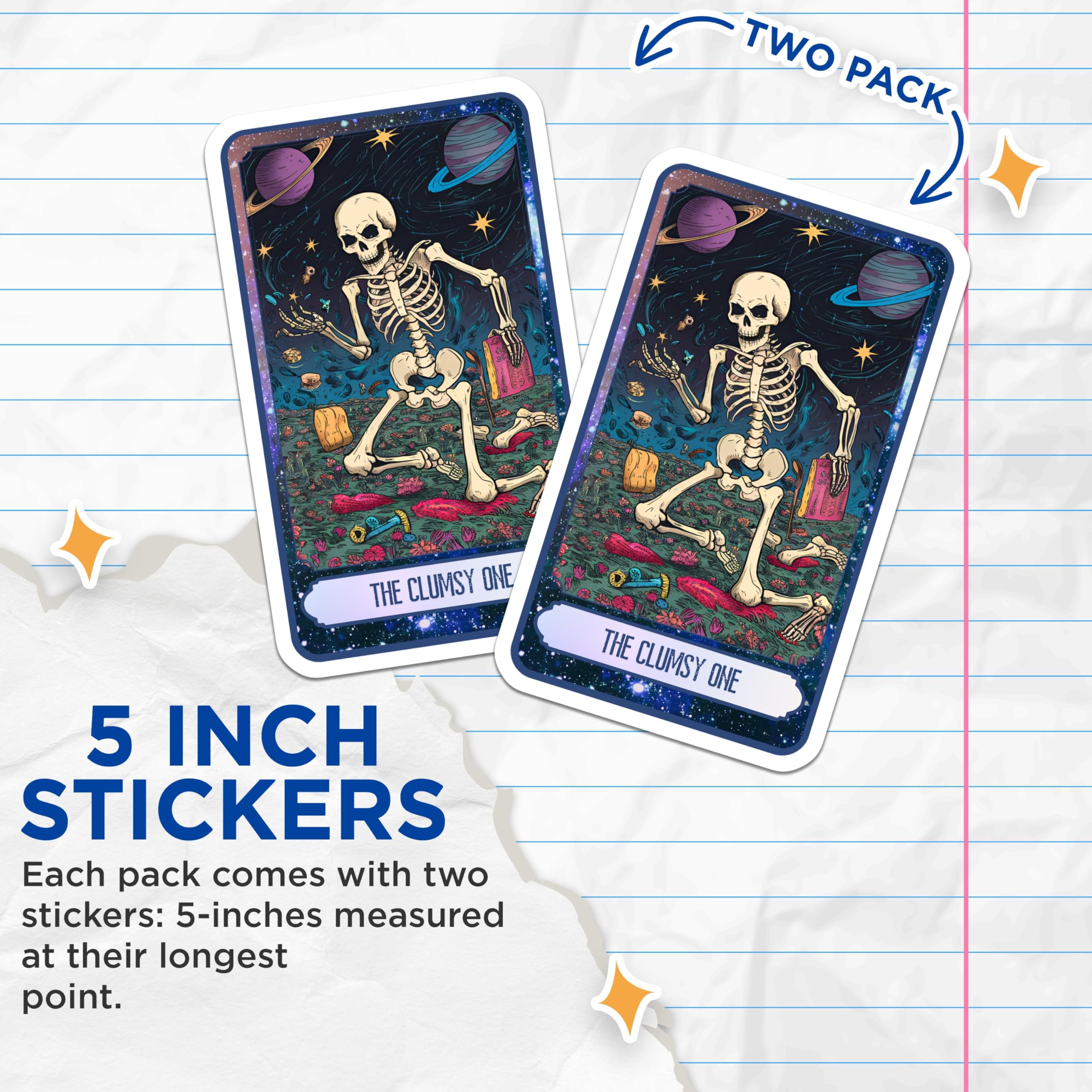 (2 Pack) Clumsy Skeleton Stickers - Funny Space Skeleton - Spooky Halloween Skeleton - 5" On Longest Side - Sticks to Smooth Flat Surfaces - Made in USA - BMCS9997