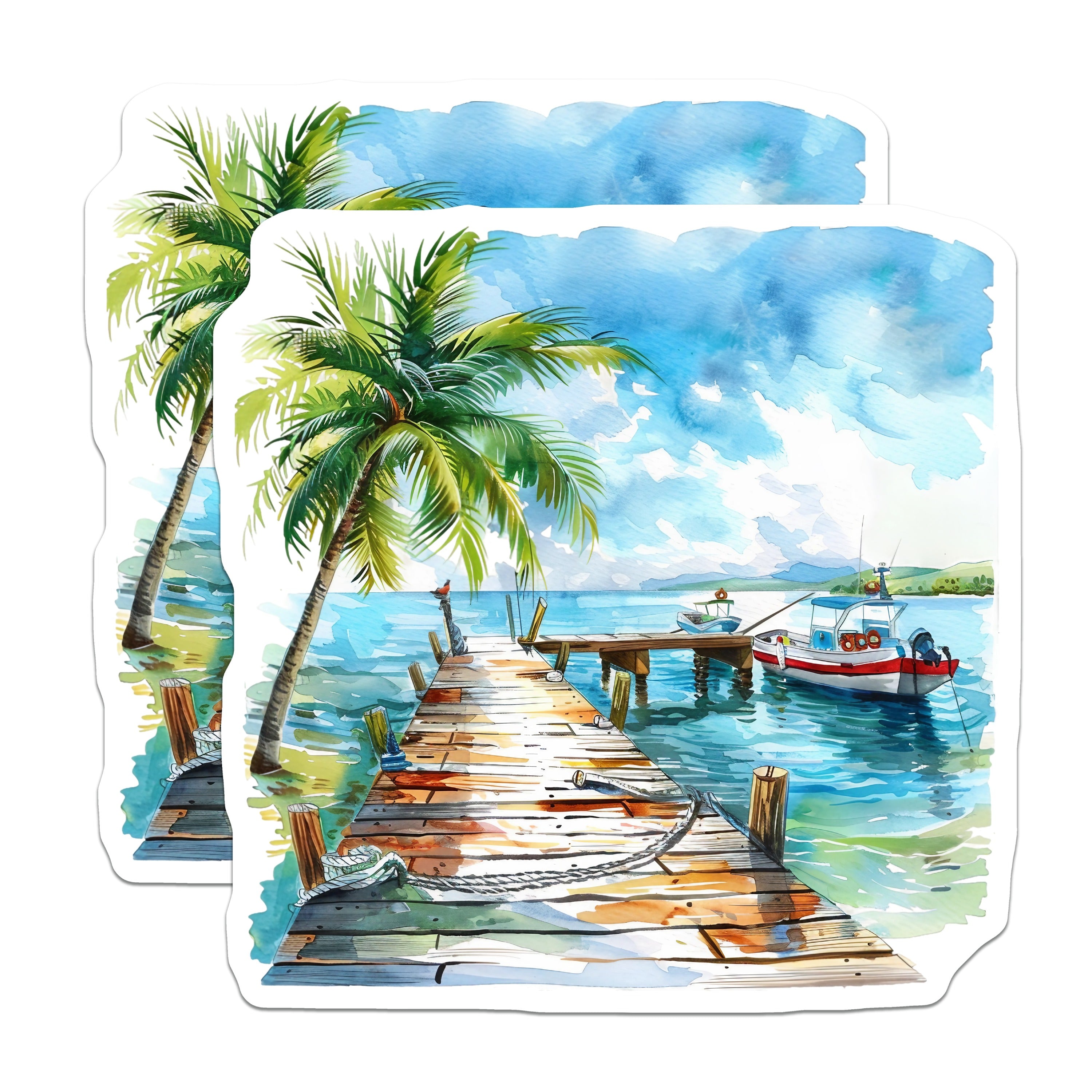 (2 Pack) Tropical Beach Scene Magnets - Watercolor Ocean Pier - Coastal House Decor - Relaxing Island Art - 5 Inches On Longest Side - Thick Durable Magnet - Made in USA - MAG37670