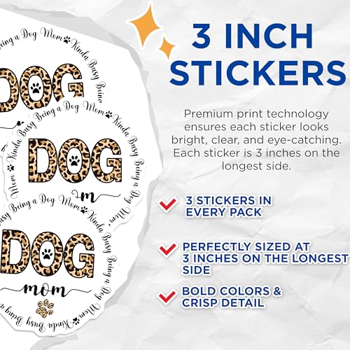 (3 Pack) Dog Mom Decals - Leopard Print Decals - Busy Dog Mom - 3 Inches On Longest Side - Easy Peel & Apply - Made in USA - 3MCS4804