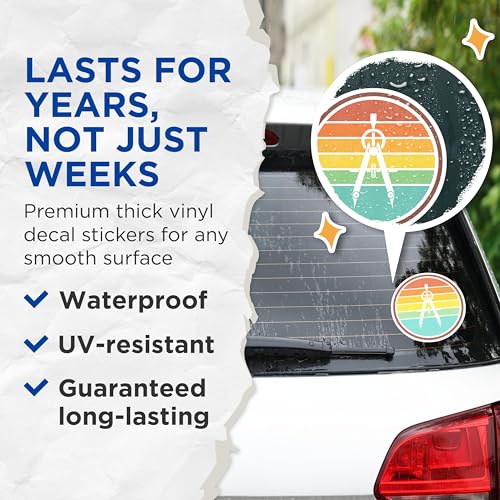(2 Pack) Geometric Compass Stickers - Retro Circle Stickers - Vintage Design Stickers - 5" On Longest Side - Sticks to Smooth Flat Surfaces - Made in USA - BMCS4755