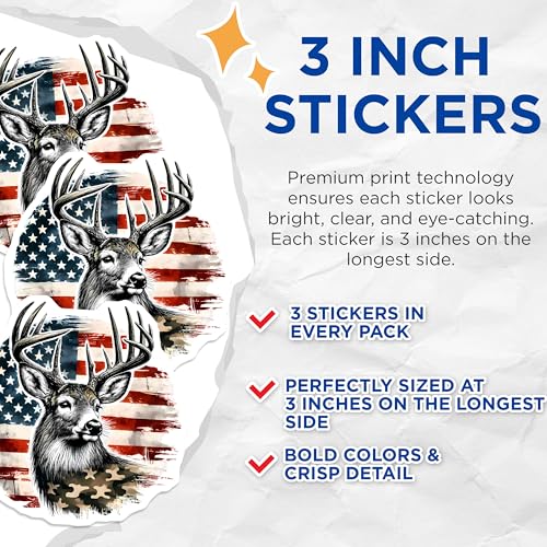 (3 Pack) Deer American Flag Decals - Camo Hunting - Laptop Decal - Patriotic - 3 Inches On Longest Side - Easy Peel & Apply - Made in USA - 3MCS8595