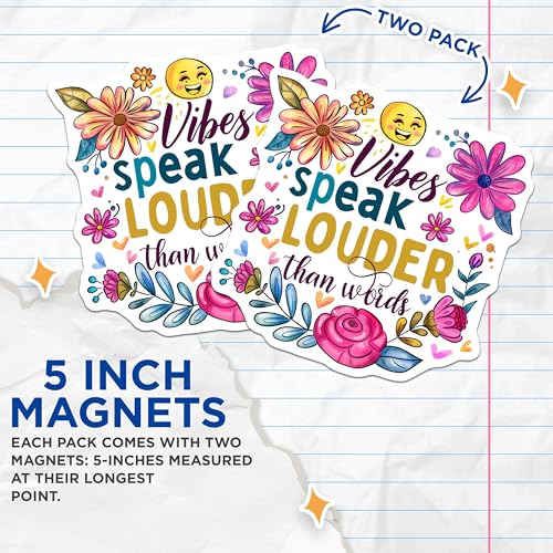 (2 Pack) Vibes Speak Louder Than Words Magnets - Inspirational Quotes - Floral Pattern - 5" On Longest Side - for Cars, Fridges, Toolboxes - Made in USA - MAG4330