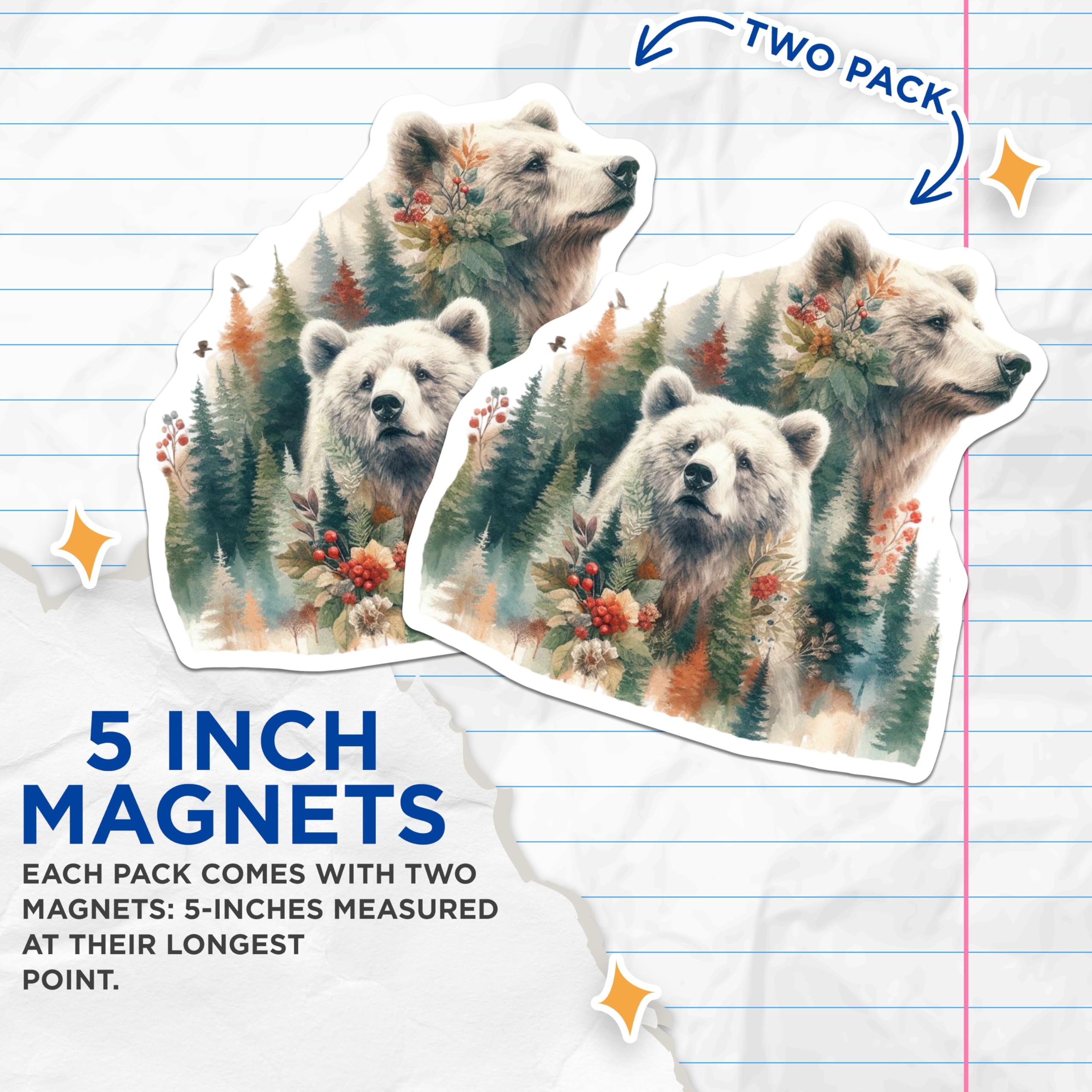 (2 Pack) Bear Art Magnets - Wildlife Decor - Forest Animals Kitchen Magnets - 5" On Longest Side - Premium Magnet - for Cars, Refrigerators, Toolboxes, Lockers - Made in USA - MAG14602