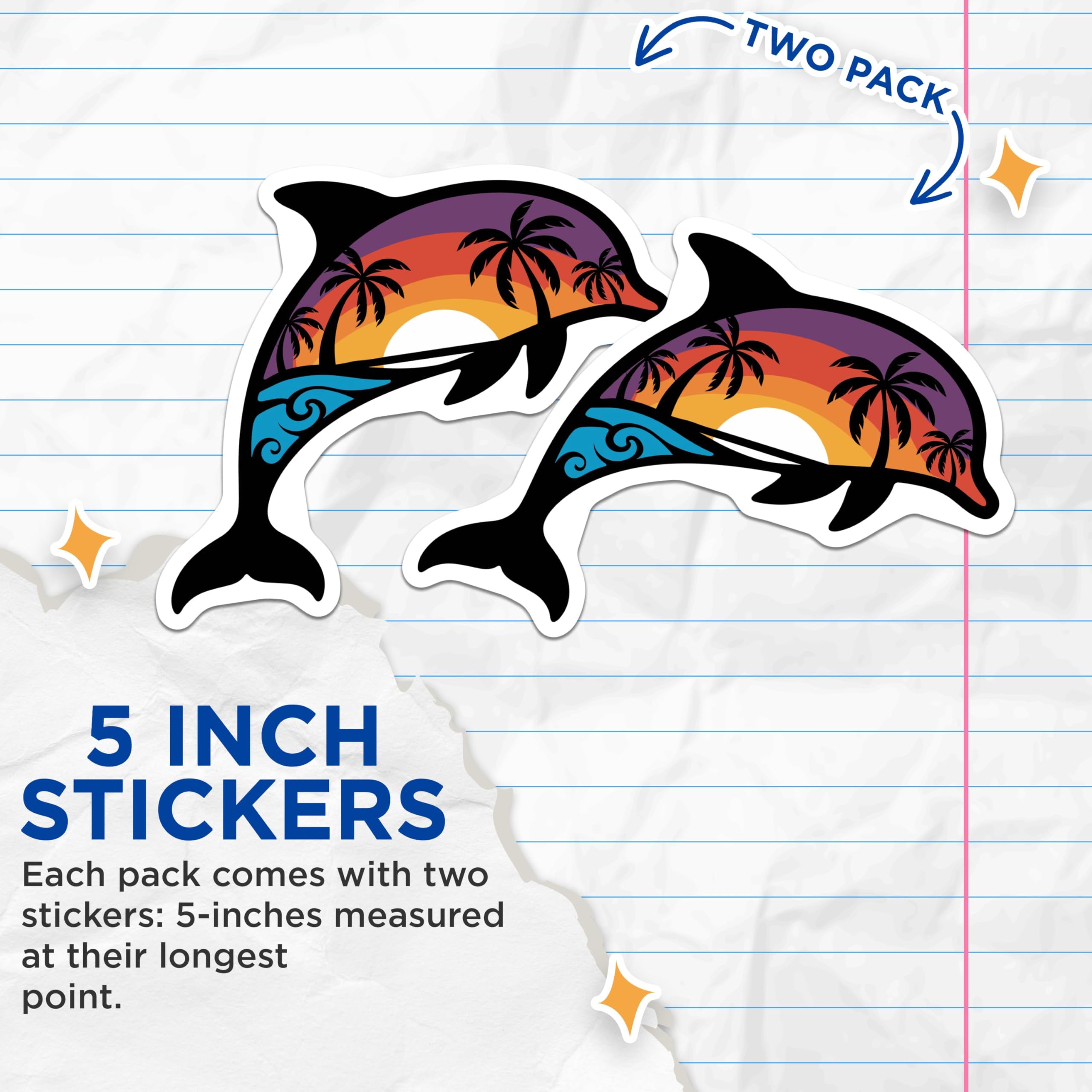 (2 Pack) Dolphin Sunset Stickers - Beach Scene Stickers - Ocean Sunset Art - Tropical Dolphin Decals - 5" On Longest Side - Sticks to Smooth Flat Surfaces - Made in USA - BMCS4854