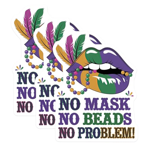 (3 Pack) Mardi Gras Lips Decals - No Mask No Beads Decals - Funny Carnival Decal - 3 Inches On Longest Side - Easy Peel & Apply - Made in USA - 3MCS2409