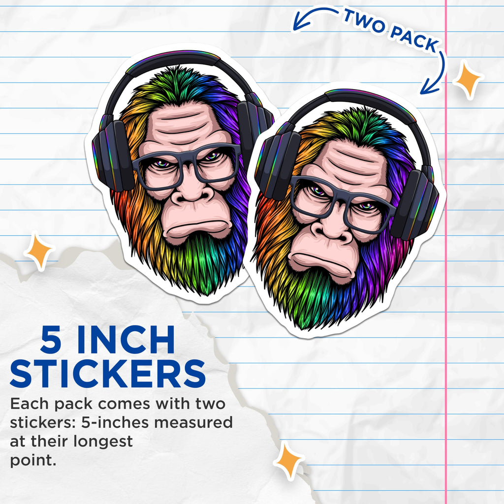 (2 Pack) Rainbow Bigfoot Stickers - Gaming Headphone Sasquatch - Nerd Glasses Decals - 5" On Longest Side - Sticks to Smooth Flat Surfaces - Made in USA - BMCS21659