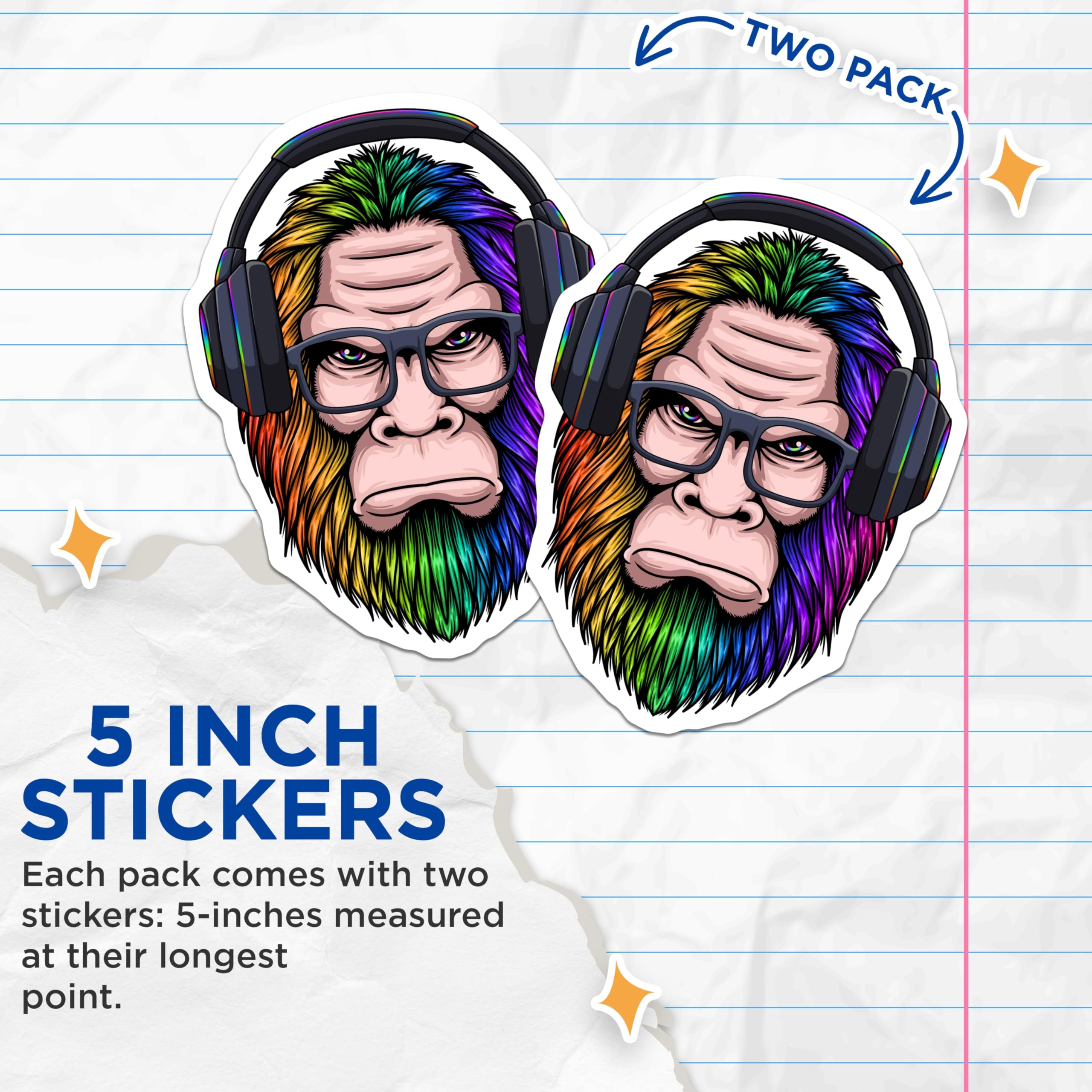 (2 Pack) Rainbow Bigfoot Stickers - Gaming Headphone Sasquatch - Nerd Glasses Decals - 5" On Longest Side - Sticks to Smooth Flat Surfaces - Made in USA - BMCS21659