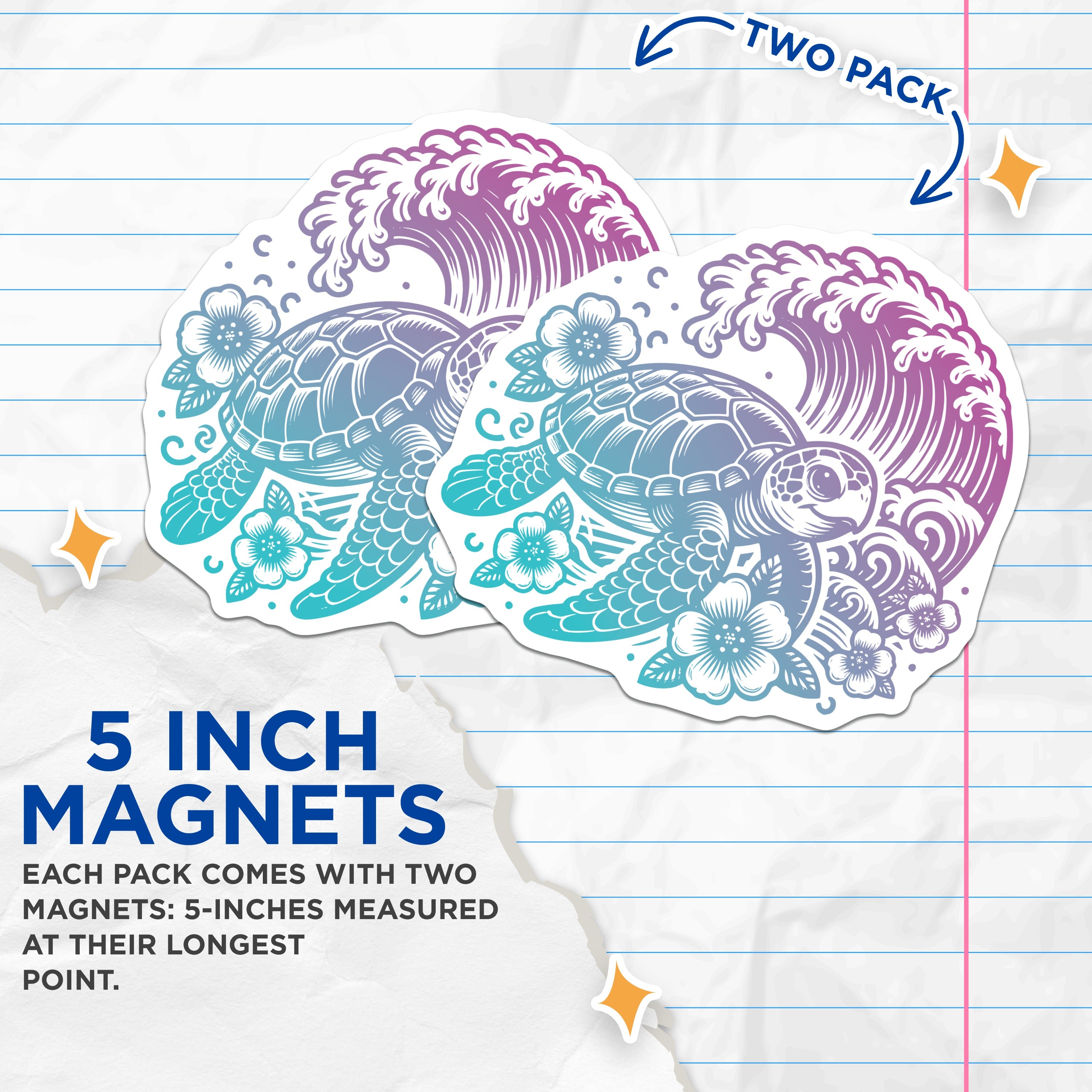 (2 Pack) Sea Turtle Ocean Waves Magnets - Hawaiian Beach Refrigerator Decor - Marine Life Art Nature Lover Souvenir - 5 Inches On Longest Side - Thick Durable Magnet - Made in USA - MAG37975