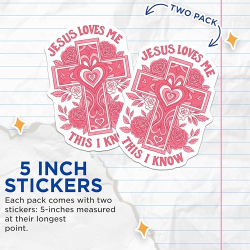 (2 Pack) Jesus Loves Me Stickers - Inspirational Religious Stickers - Faith Quotes Stickers - 5" On Longest Side - Sticks to Smooth Flat Surfaces - Made in USA - BMCS4114