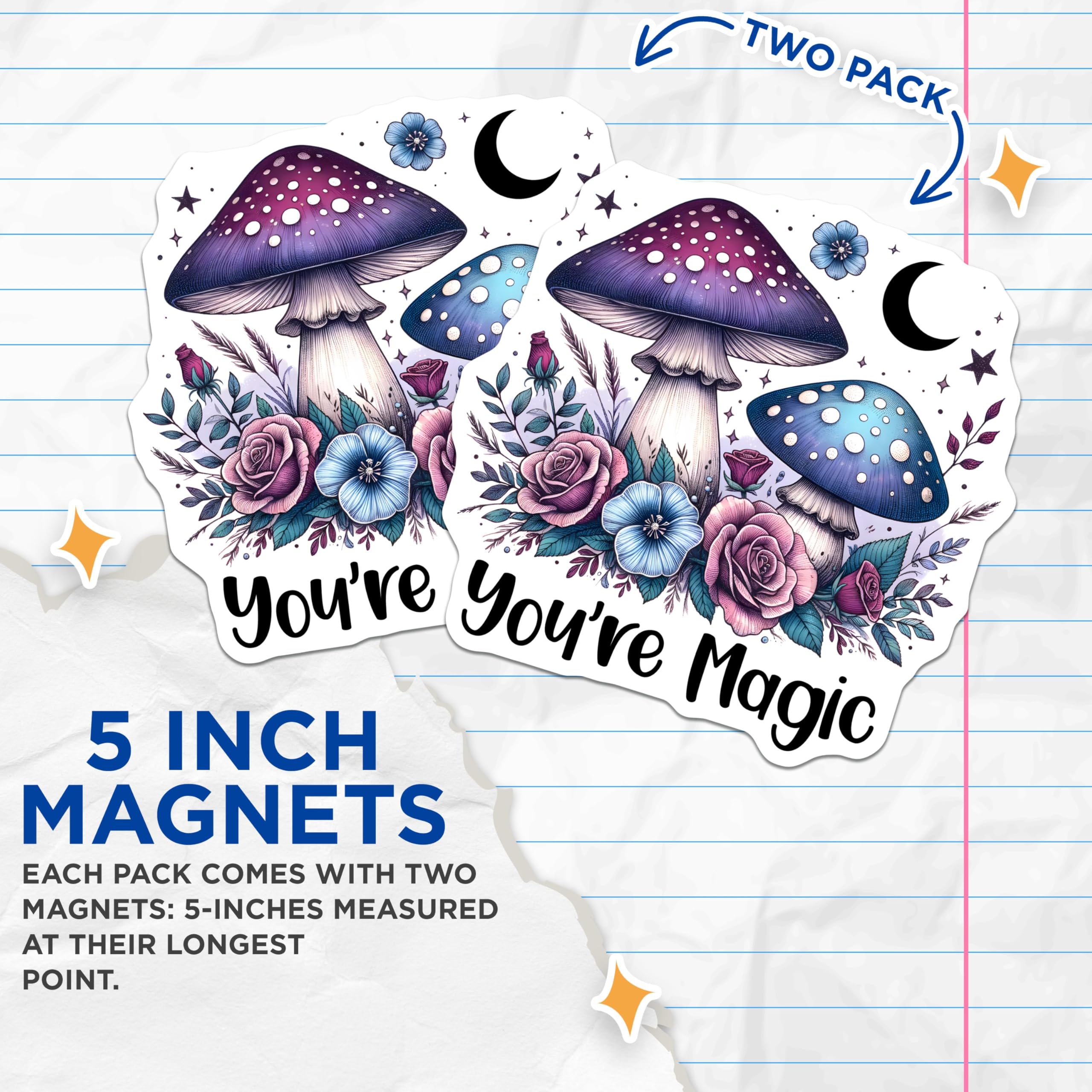 (2 Pack) Youre Magic Magnets - Cute Mushroom Decor - Whimsical Floral Design - 5" On Longest Side - for Cars, Fridges, Toolboxes - Made in USA - MAG8062