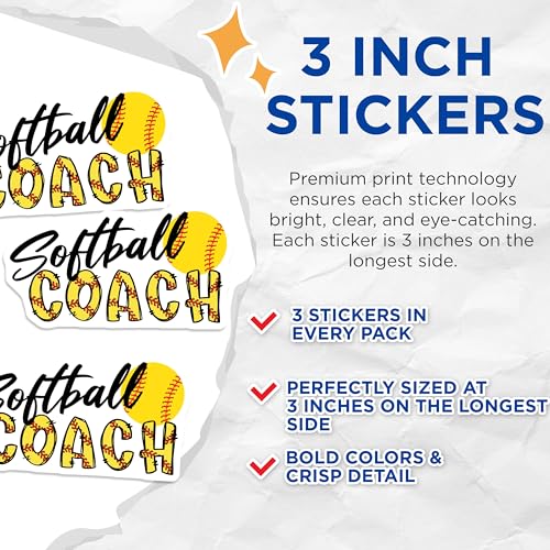 (3 Pack) Softball Coach Decals - Team Sports - Laptop Decals - 3 Inches On Longest Side - Easy Peel & Apply - Made in USA - 3MCS7983