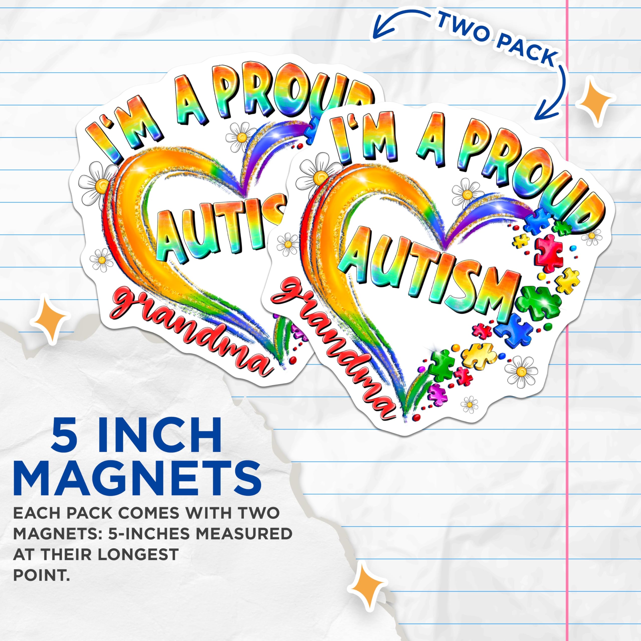 (2 Pack) Proud Autism Grandma Magnets - Autism Awareness Support - Rainbow Heart Grandparent Refrigerator Decor - 5 Inches On Longest Side - Thick Durable Magnet - Made in USA - MAG29508
