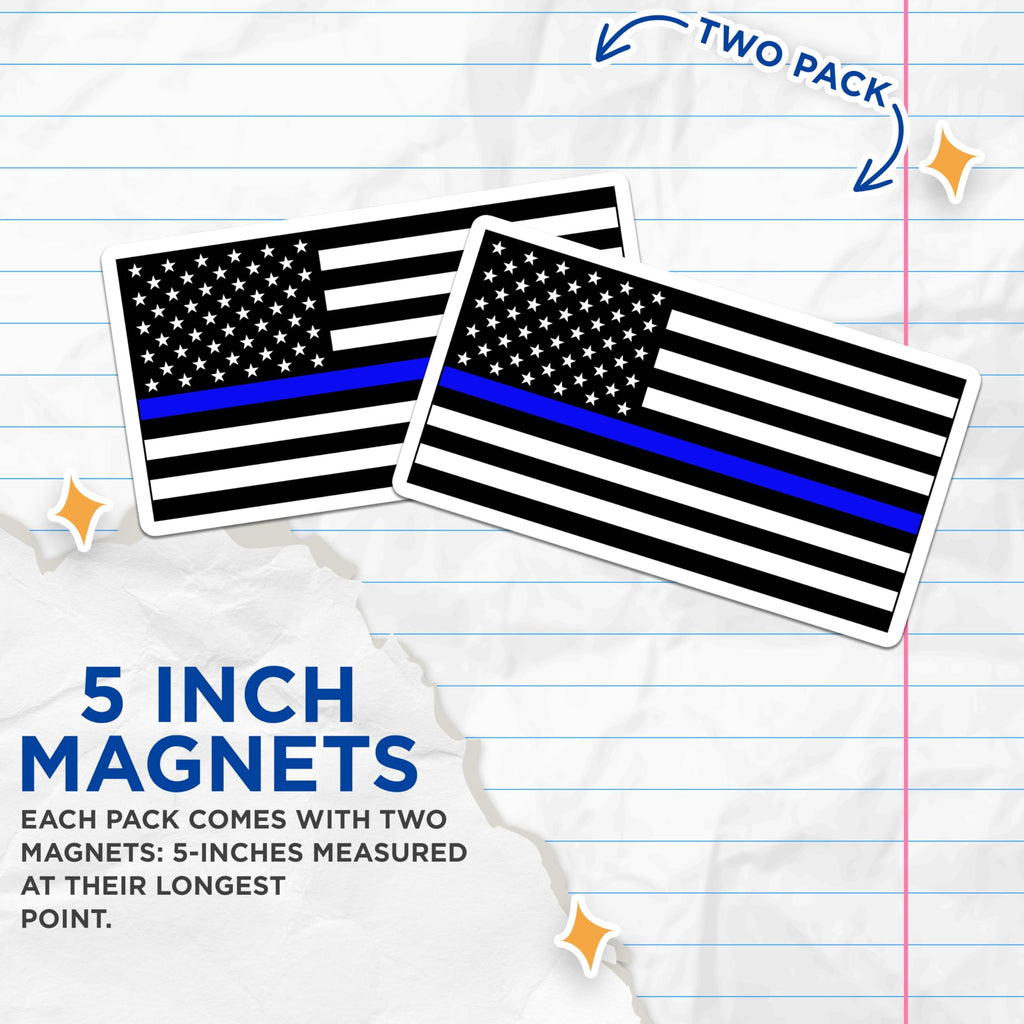 (2 Pack) Thin Blue Line American Flag Magnets - Law Enforcement Officers Support - Police Family Hero Appreciation Emblem - 5 Inches On Longest Side - Thick Durable Magnet - Made in USA - MAG22829