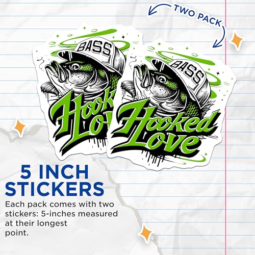 (2 Pack) Bass Fishing Stickers - Hooked Love Stickers - Fisherman Hat Sticker - 5" On Longest Side - Sticks to Any Smooth Flat Surface - Made in USA - BMCS3491