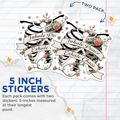 (2 Pack) Inhale Peace Exhale Chaos Stickers - Inspirational Quote - Floral Designs - Positivity - 5" On Longest Side - Sticks to Smooth Flat Surfaces - Made in USA - BMCS7392
