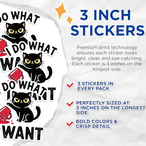 (3 Pack) Black Cat Decals - Funny Cat Quote - I Do What I Want Decals - 3 Inches On Longest Side - Easy Peel & Apply - Made in USA - 3MCS1598