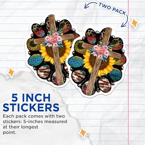 (2 Pack) Sunflower Cross Stickers - Floral Christian Stickers - Religious Car Decals - 5" On Longest Side - Sticks to Smooth Flat Surfaces - Made in USA - BMCS6025