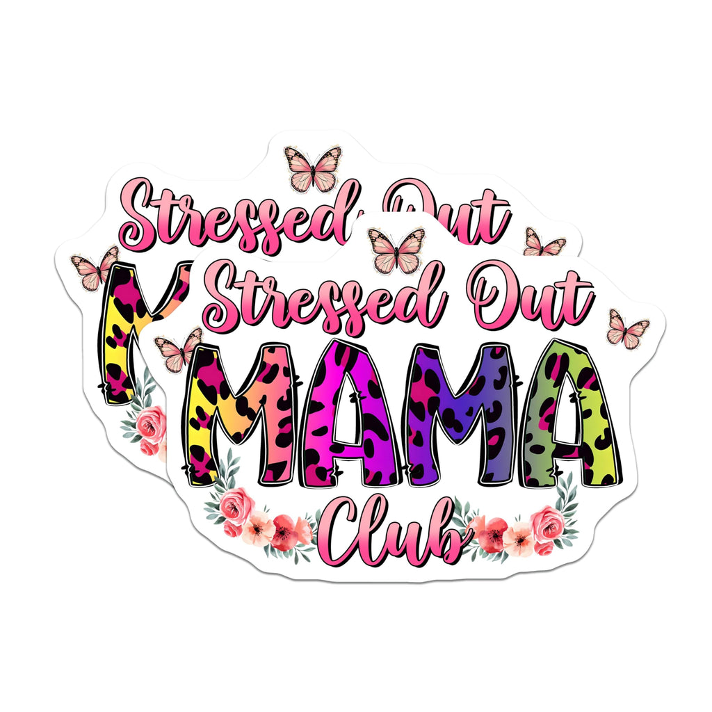 (2 Pack) Stressed Out Mama Stickers - Butterfly - Floral - 5" On Longest Side - Sticks to Smooth Flat Surfaces - Made in USA - BMCS8463