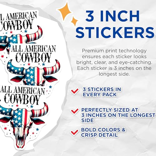 (3 Pack) Cowboy Skull Decals - All American - Western Stickers - 3 Inches On Longest Side - Easy Peel & Apply - Made in USA - 3MCS1939