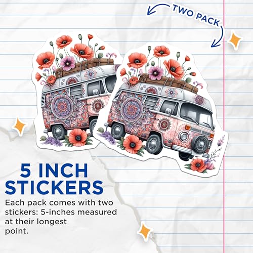 (2 Pack) Vintage Van Floral Stickers - Boho Hippie Van Summer Vibes - 5" On Longest Side - Sticks to Smooth Flat Surfaces - Made in USA - BMCS8880 - BMCS8880