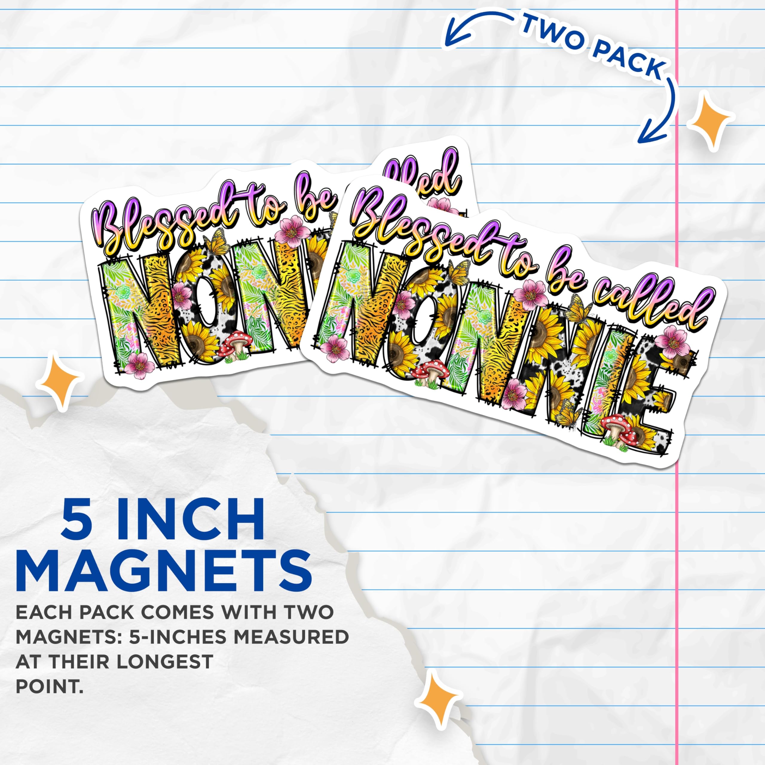 (2 Pack) Blessed Nonnie Magnets - Sunflower Animal Print Boho Decor - Grandparent Refrigerator Accessory - 5 Inches On Longest Side - Thick Durable Magnet - Made in USA - MAG30814