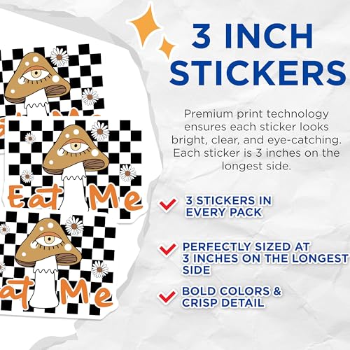 (3 Pack) Mushroom Decals - Psychedelic Art - Laptop Decals- 3 Inches On Longest Side - Easy Peel & Apply - Made in USA - 3MCS5210