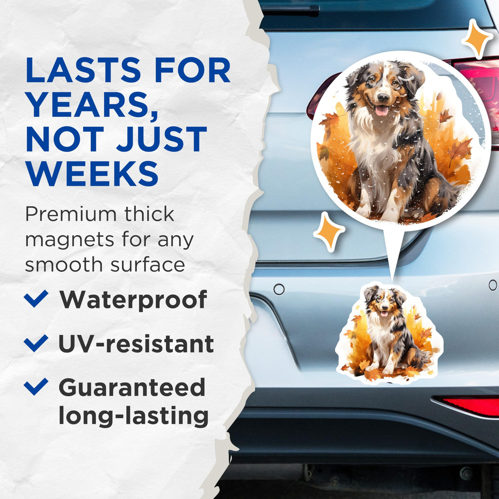 (2 Pack) Australian Shepherd Magnets - Autumn Dog Art - Rustic Fall Kitchen Decor - Pet Lover Refrigerator Magnet - 5 Inches On Longest Side - Thick Durable Magnet - Made in USA - MAG25575