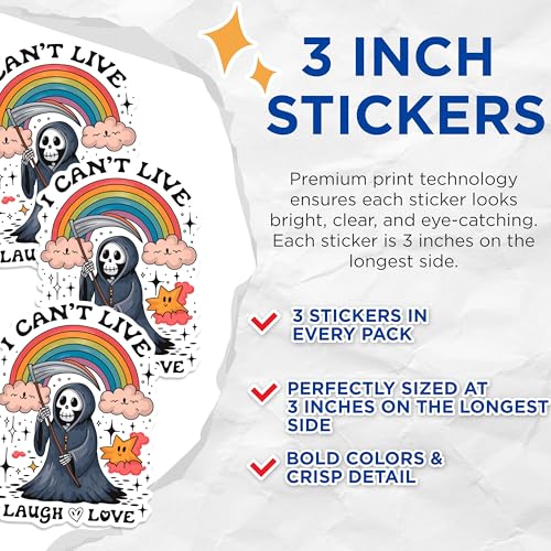 (3 Pack) I Cant Live Decals - Grim Reaper Sticker - Laugh Love Rainbow - 3 Inches On Longest Side - Easy Peel & Apply - Made in USA - 3MCS1800