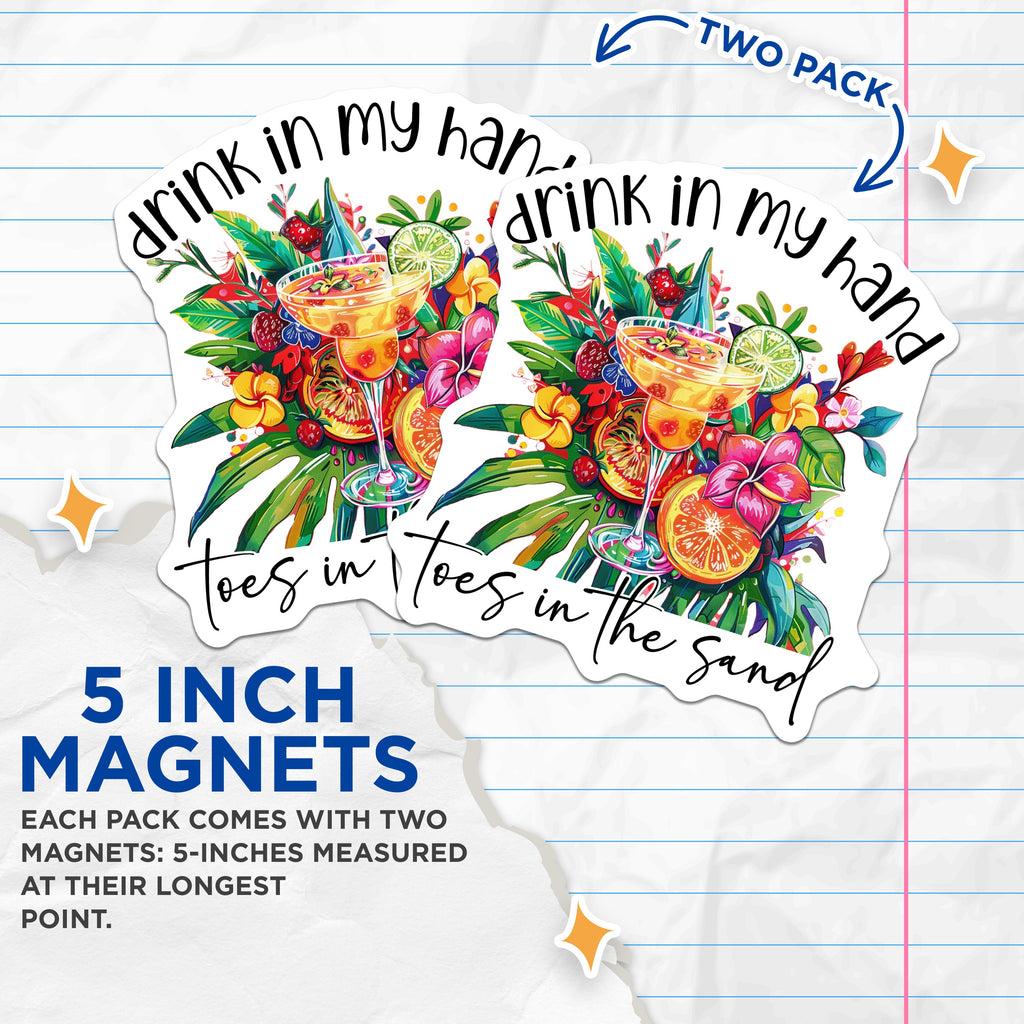 (2 Pack) Tropical Drink Magnets - Summer Vacation Theme - Beach Life Refrigerator Accent - Toes in Sand Quote Decor - 5 Inches On Longest Side - Thick Durable Magnet - Made in USA - MAG39731