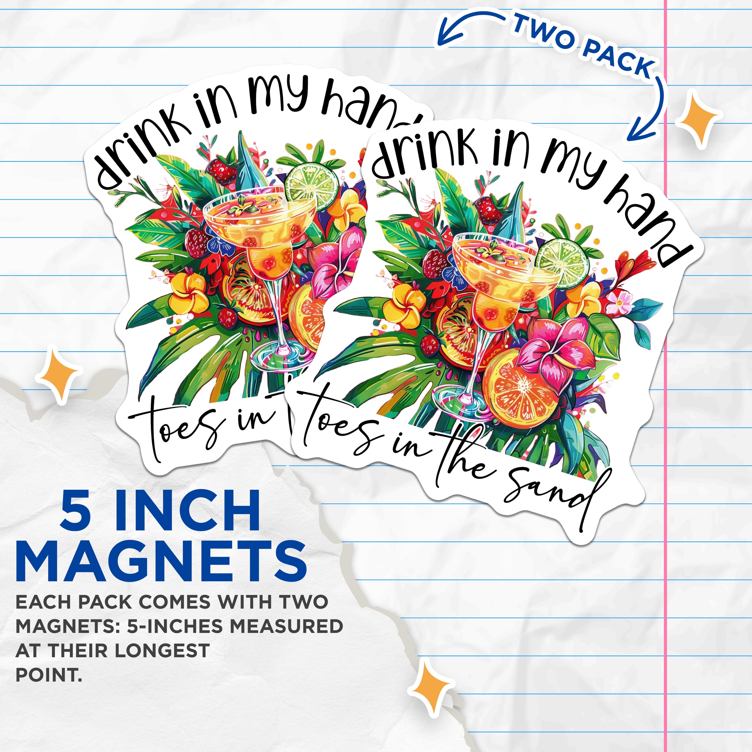 (2 Pack) Tropical Drink Magnets - Summer Vacation Theme - Beach Life Refrigerator Accent - Toes in Sand Quote Decor - 5 Inches On Longest Side - Thick Durable Magnet - Made in USA - MAG39731
