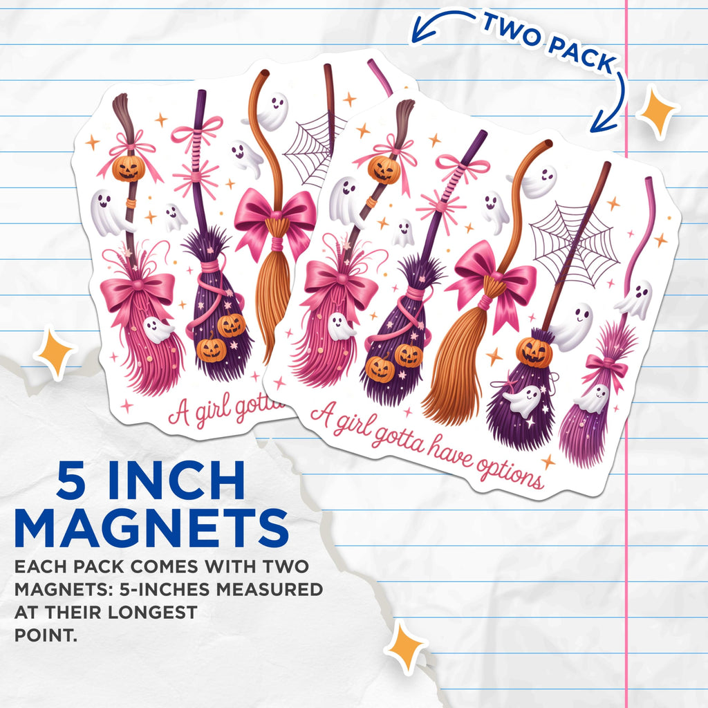 (2 Pack) Halloween Witch Magnets - Cute Spooky Brooms - Jack-o-Lantern Ghost Decor - 5 Inches On Longest Side - Thick Durable Magnet - Made in USA - MAG23176