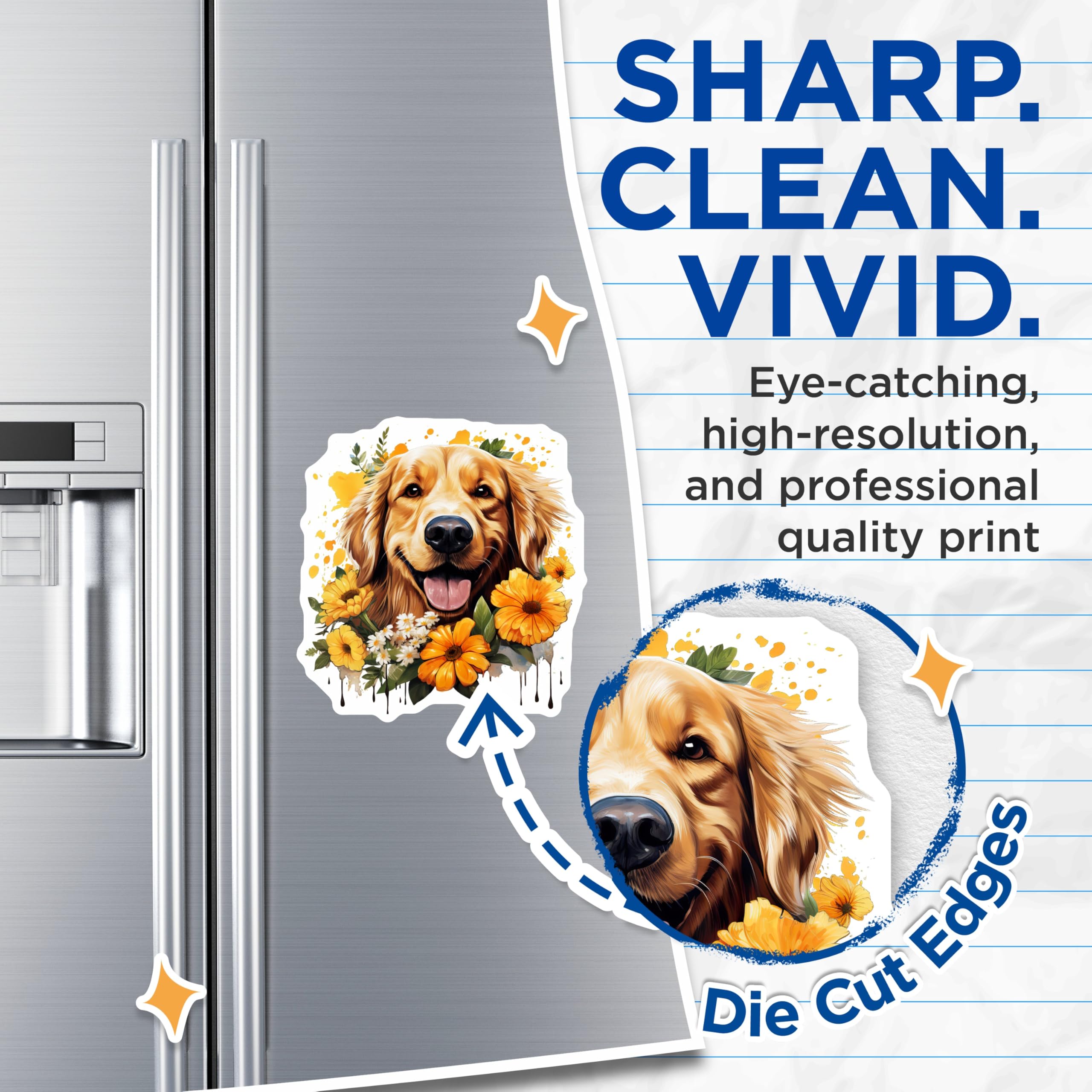 (2 Pack) Golden Retriever Magnets - Happy Dog Art Decor - Floral Pet Lover Fridge Magnets - 5 Inches On Longest Side - Thick Durable Magnet - Made in USA - MAG30035