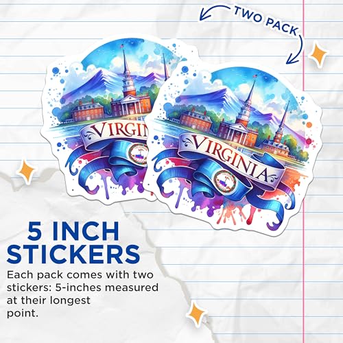 (2 Pack) Virginia State Stickers - Travel Souvenir - Watercolor Art - USA State - Historic Landmarks - Local Pride - 5" On Longest Side - Sticks to Smooth Flat Surfaces - Made in USA - BMCS7067