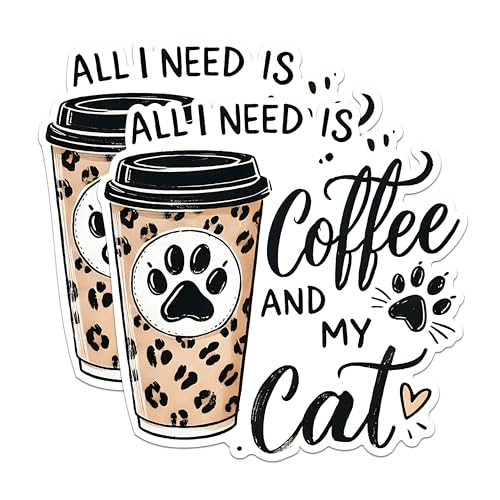 (2 Pack) Coffee and Cat Stickers - Cat Lover Stickers - Coffee Paw Print Stickers - 5" On Longest Side - Sticks to Any Smooth Flat Surface - Made in USA - BMCS2800