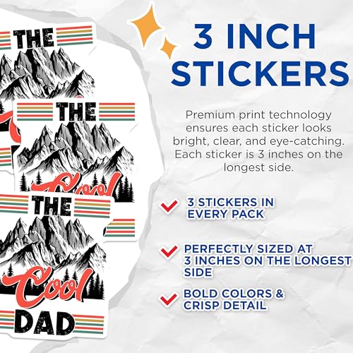(3 Pack) Cool Dad Decals - Mountain Decals - Father's Day Decal - 3 Inches On Longest Side - Easy Peel & Apply - Made in USA - 3MCS6229