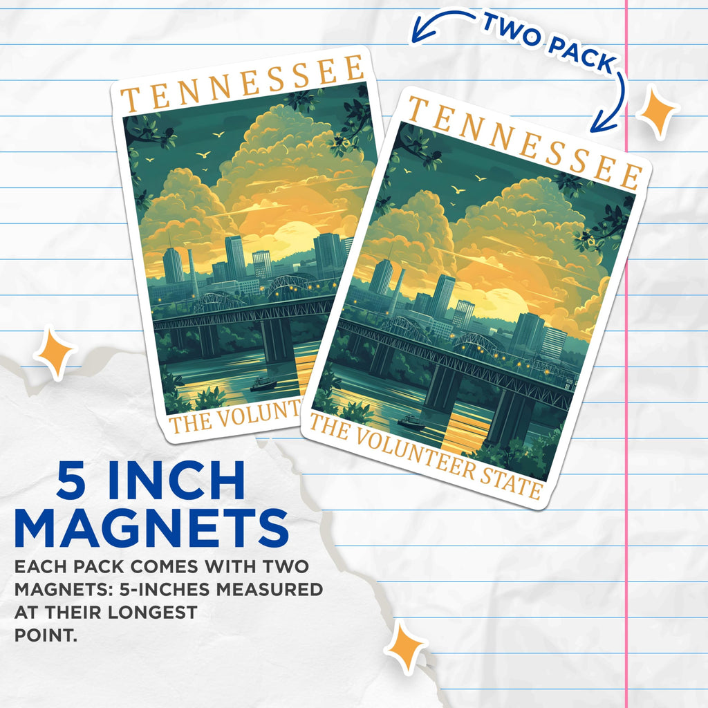 (2 Pack) Tennessee Magnets - The Volunteer State Artwork - Tennessee Decor Souvenir - 5" On Longest Side - Premium Magnet - for Cars, Refrigerators, Toolboxes, Lockers - Made in USA - MAG18709
