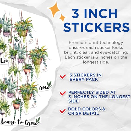 (3 Pack) Learn to Grow Decals - Hanging Plant Stickers - Home Decor Stickers - 3 Inches On Longest Side - Easy Peel & Apply - Made in USA - 3MCS1006
