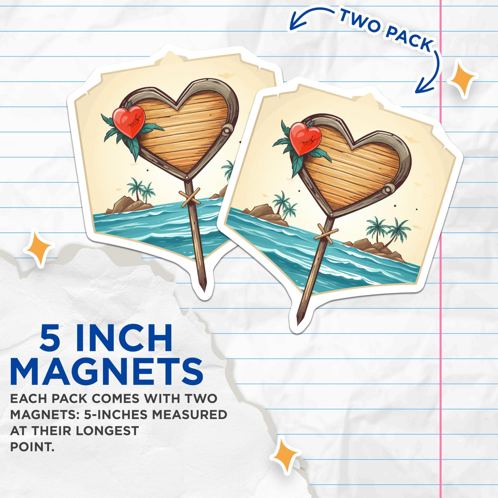 (2 Pack) Tropical Island Beach Magnets - Heart Shaped Wooden Sign - Vacation Ocean Paradise Decor - 5 Inches On Longest Side - Thick Durable Magnet - Made in USA - MAG19965