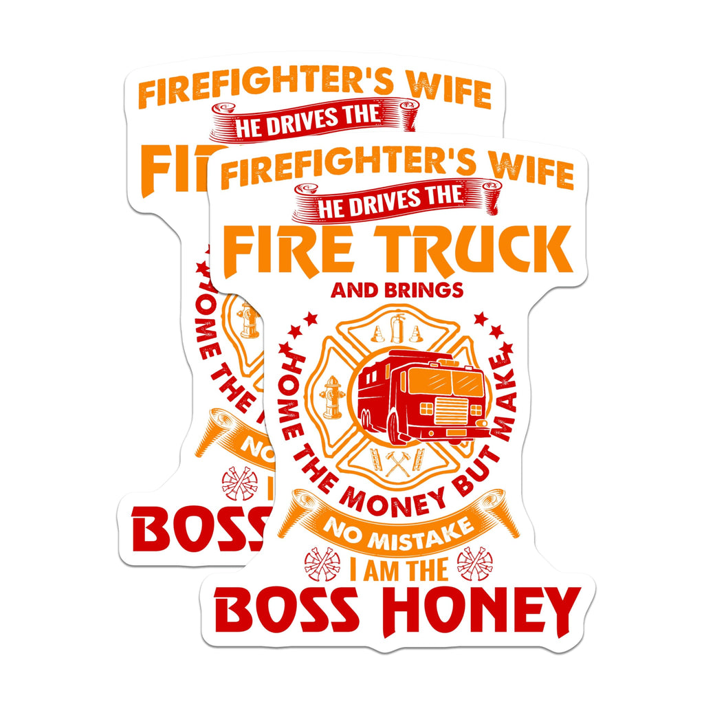 (2 Pack) Firefighter Wife Magnets - Boss Honey Spouse Pride - Fire Truck Hero Decor - First Responder Family Life - 5 Inches On Longest Side - Thick Durable Magnet - Made in USA - MAG20356