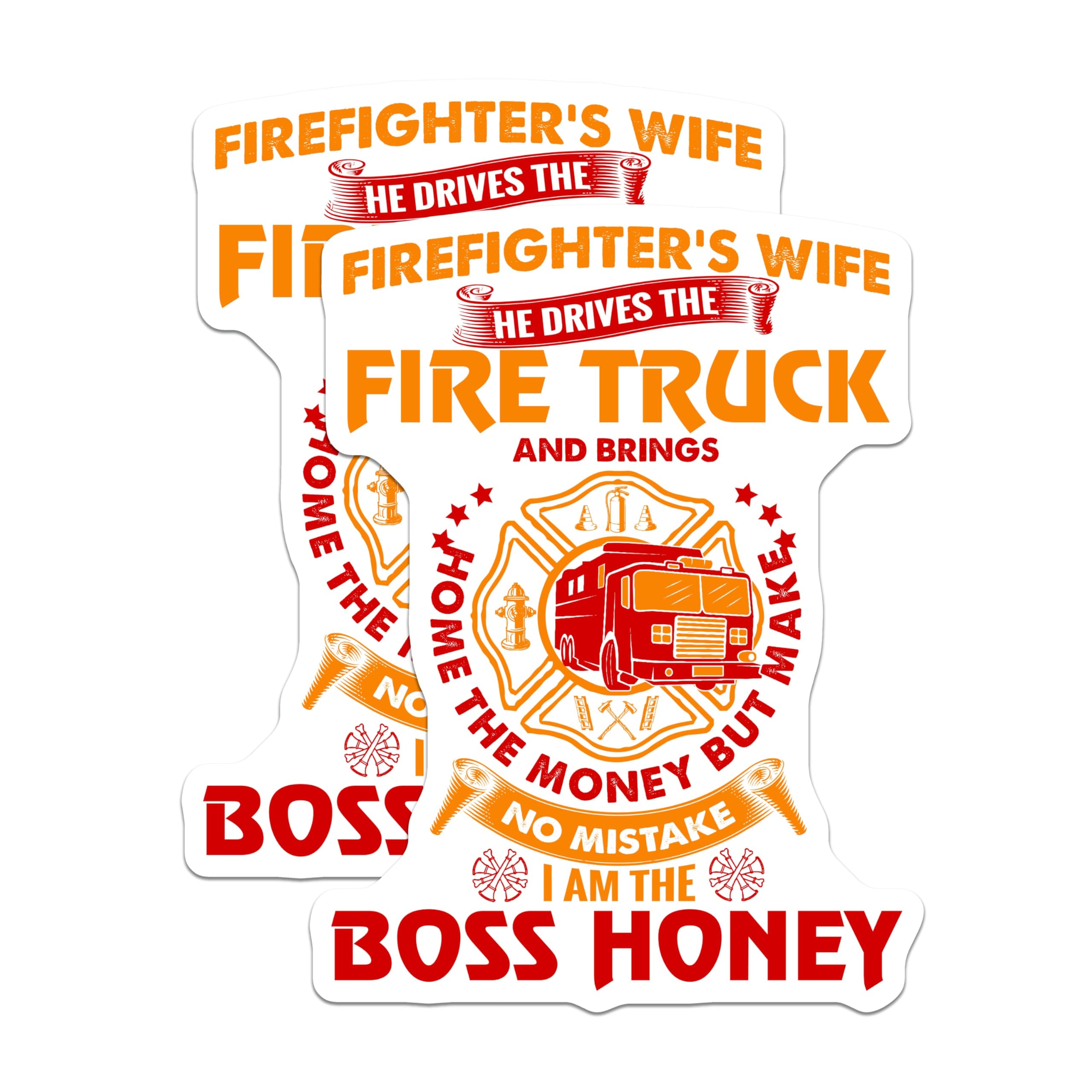 (2 Pack) Firefighter Wife Magnets - Boss Honey Spouse Pride - Fire Truck Hero Decor - First Responder Family Life - 5 Inches On Longest Side - Thick Durable Magnet - Made in USA - MAG20356