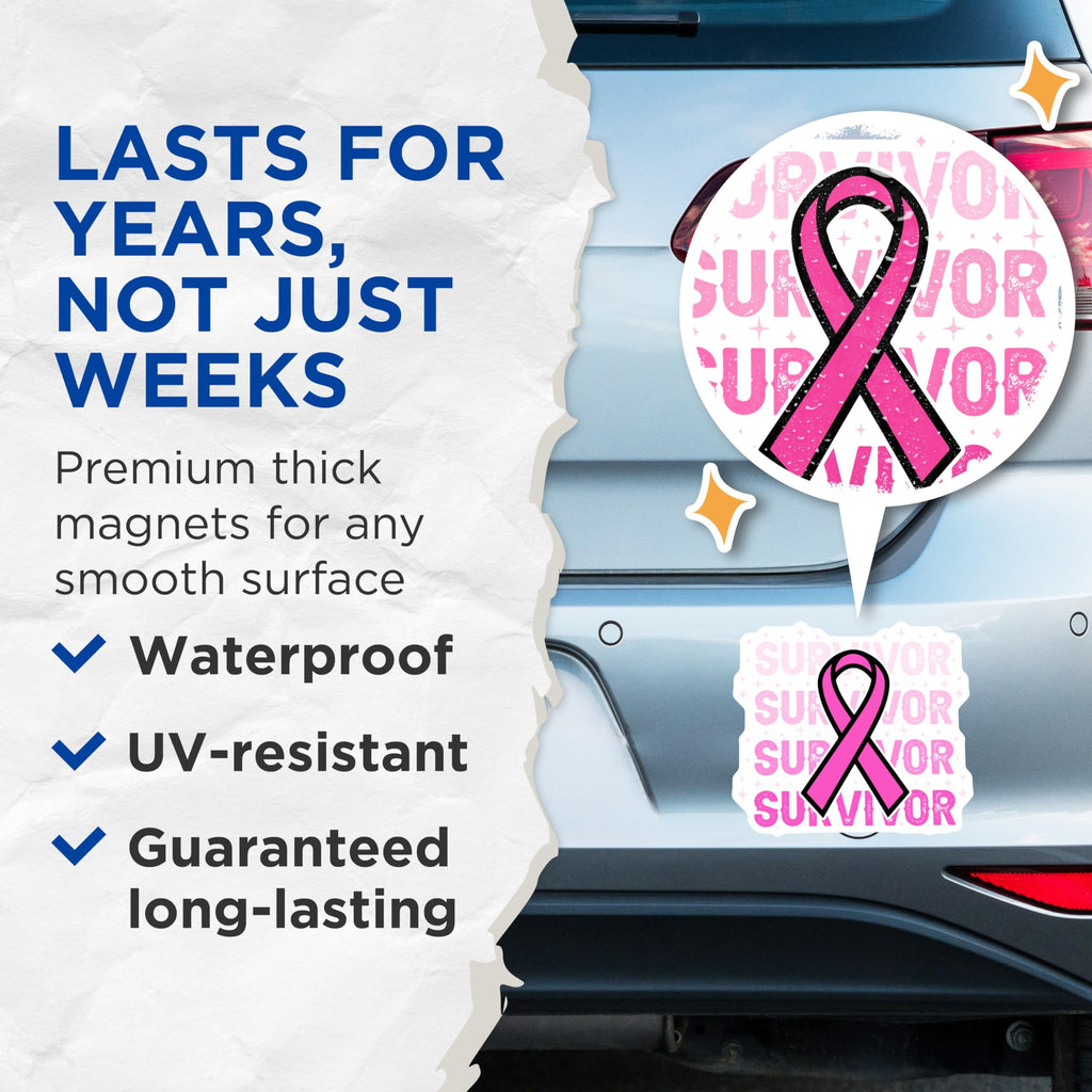 (2 Pack) Survivor Ribbon Magnets - Breast Cancer Awareness - Pink Ribbon Magnet - 5" On Longest Side - Premium Magnet - for Cars, Refrigerators, Toolboxes, Lockers - Made in USA - MAG16880