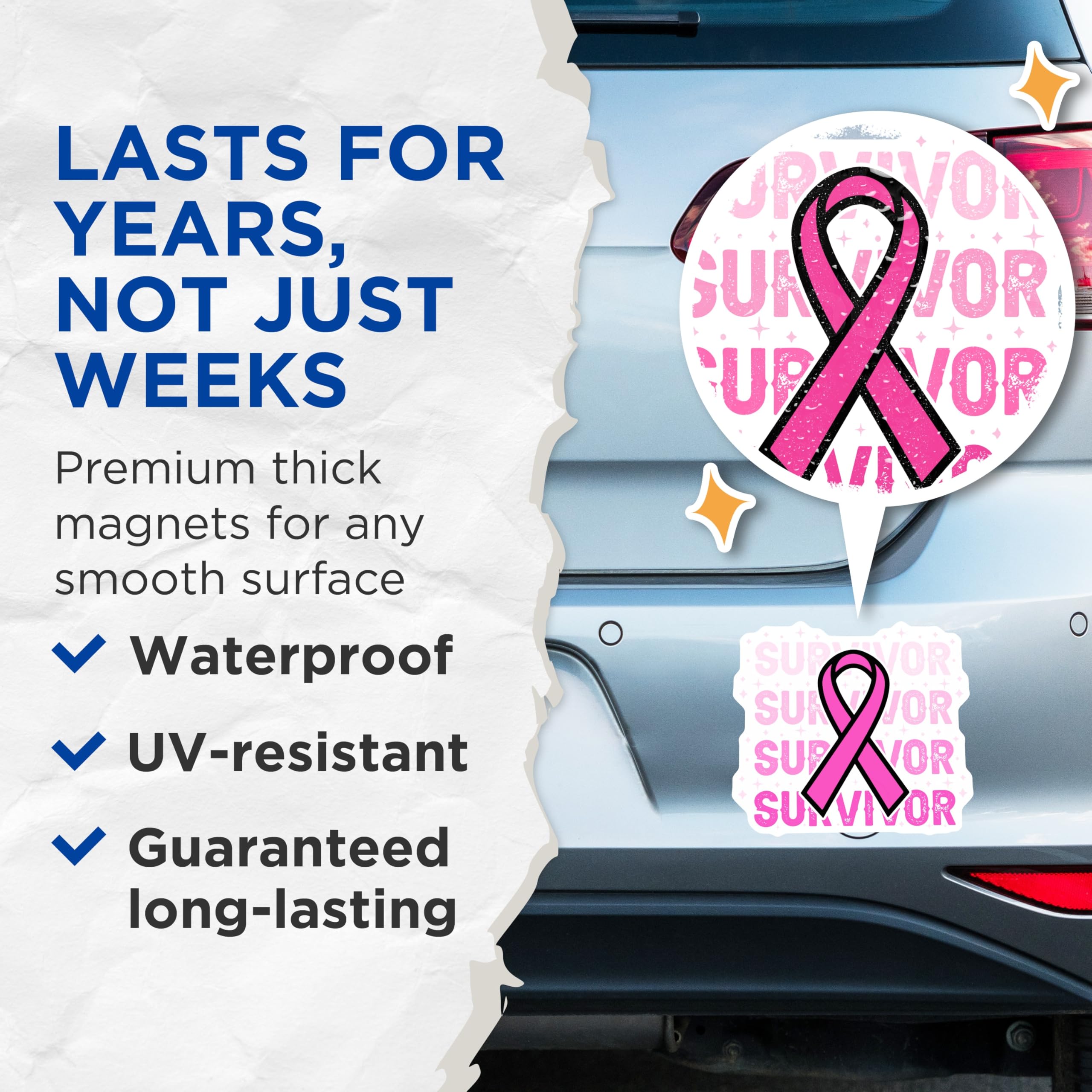 (2 Pack) Survivor Ribbon Magnets - Breast Cancer Awareness - Pink Ribbon Magnet - 5" On Longest Side - Premium Magnet - for Cars, Refrigerators, Toolboxes, Lockers - Made in USA - MAG16880