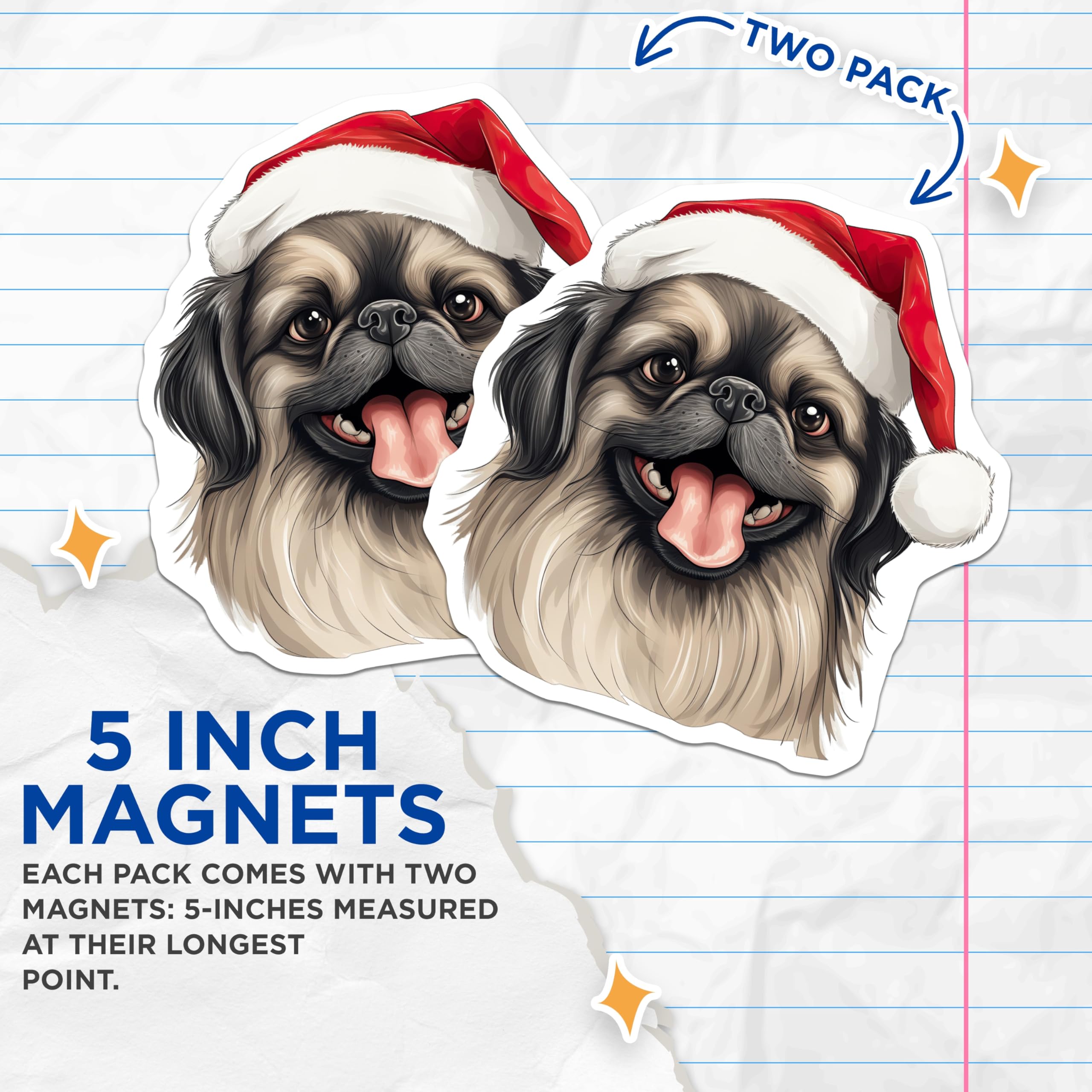 (2 Pack) Pekingese Christmas Magnets - Santa Hat Dog Decor - Holiday Refrigerator Art - 5 Inches On Longest Side - Thick Durable Magnet - Made in USA - MAG23402