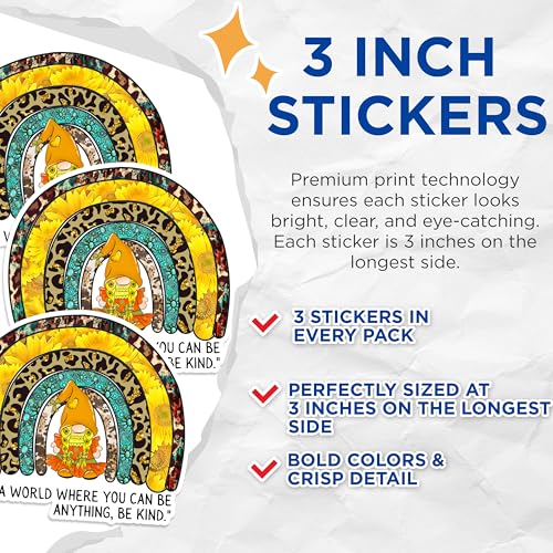 (3 Pack) Gnome Rainbow Decals - Sunflower Leopard Turquoise - Kind Quote Laptop Decal - 3 Inches On Longest Side - Easy Peel & Apply - Made in USA - 3MCS1356